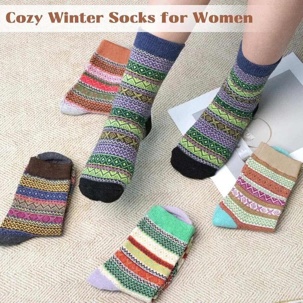 Women's 5 Pairs Winter Thick Boot Cozy Crew Vintage Soft Calf Knit Wool Socks